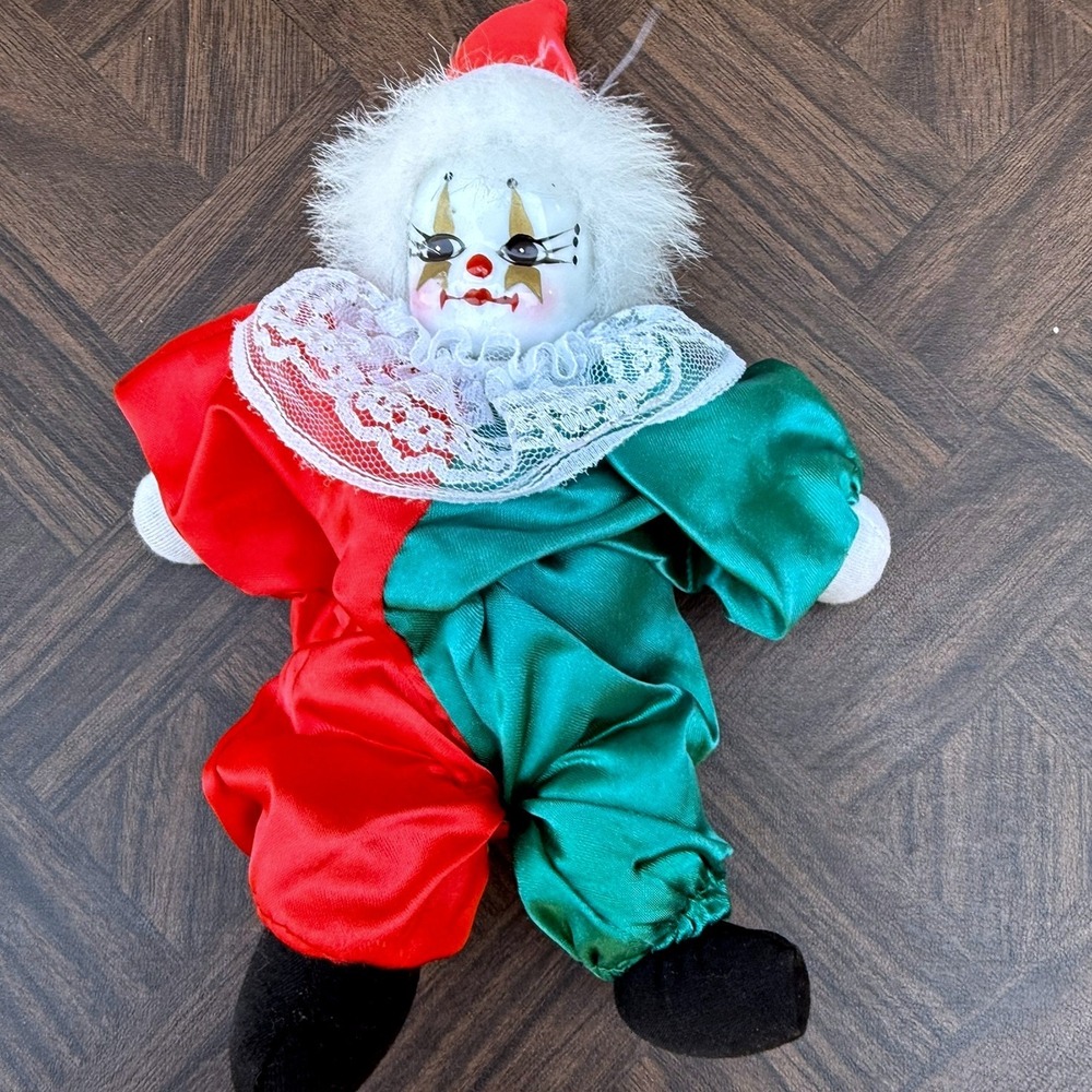 Vintage Porcelain Clown Doll Red Green Satin Harlequin Collectible Lace Collar